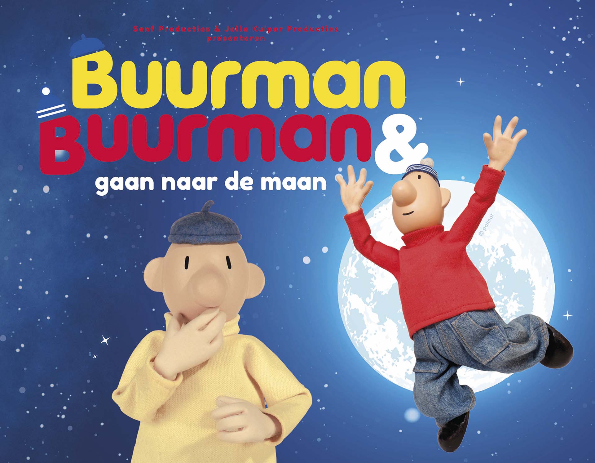 Buurman & Buurman staan voor maan in ruimte, één denkt na en de ander springt blij omhoog.