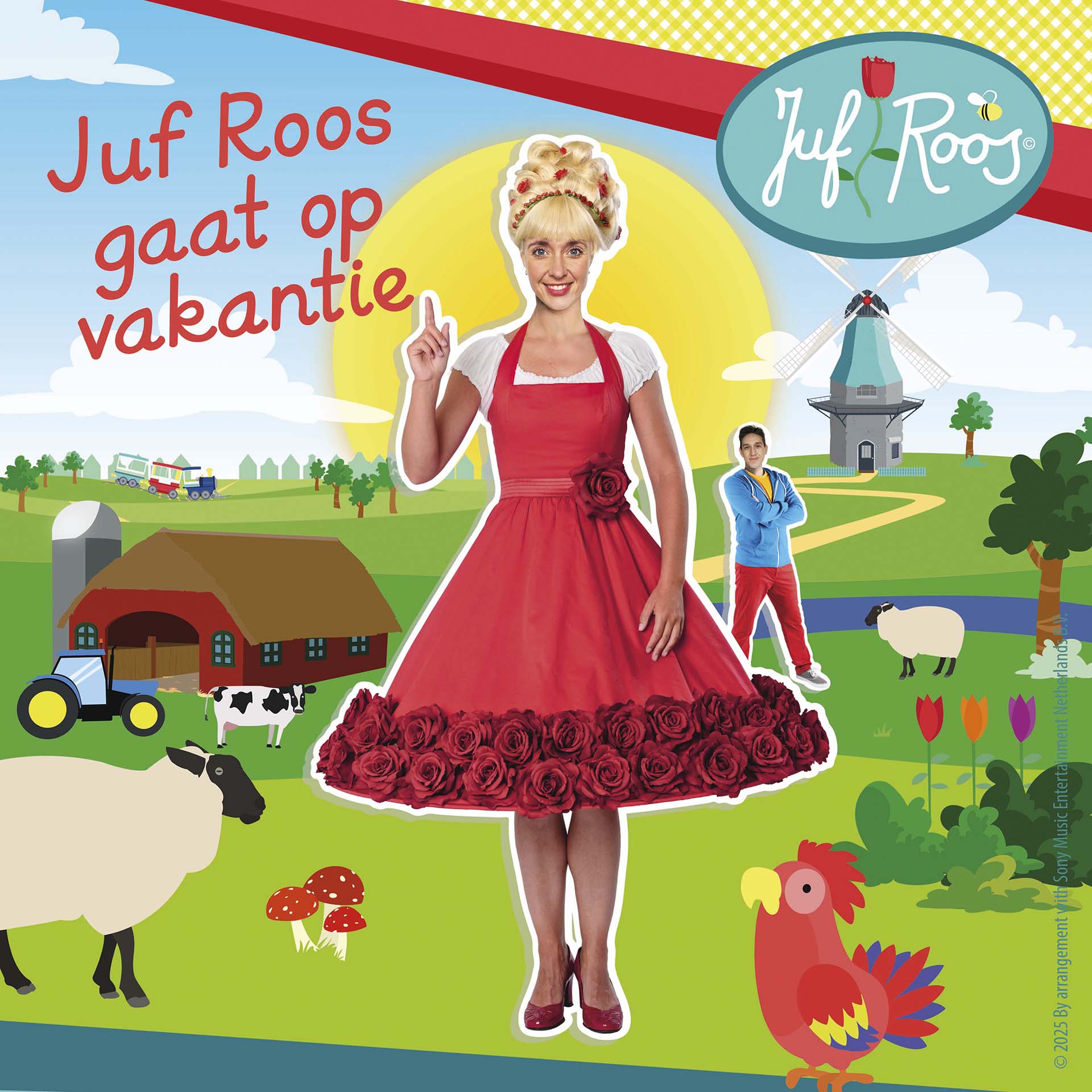 Juf Roos en Gijs in een kleurrijk landschap met boerderij, dieren en molen.