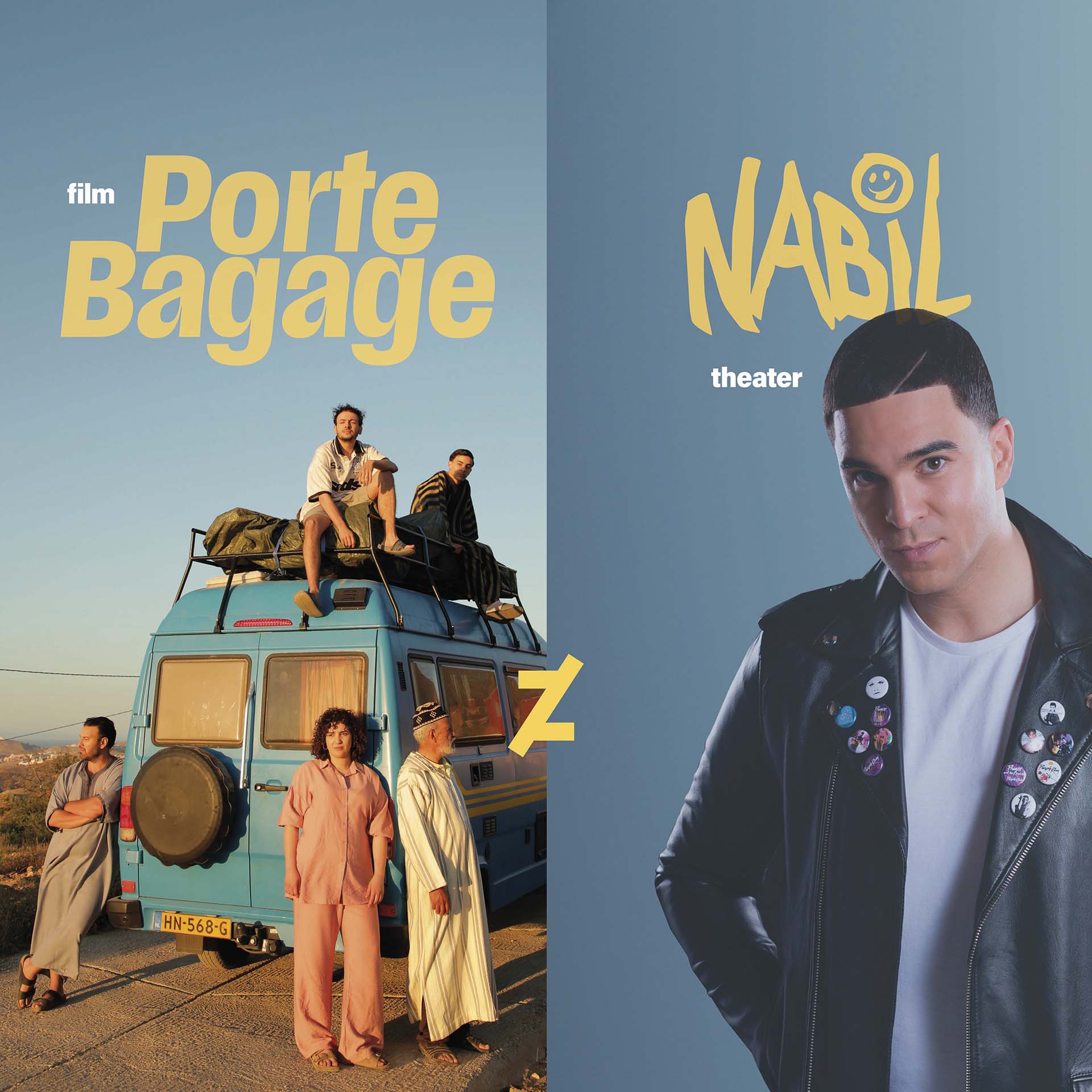 Beeld van de theater- en filmavond ‘Porte Bagage x Nabil’, met links een familie bij een blauwe bus en rechts cabaretier Nabil in leren jack voor een blauwe achtergrond.