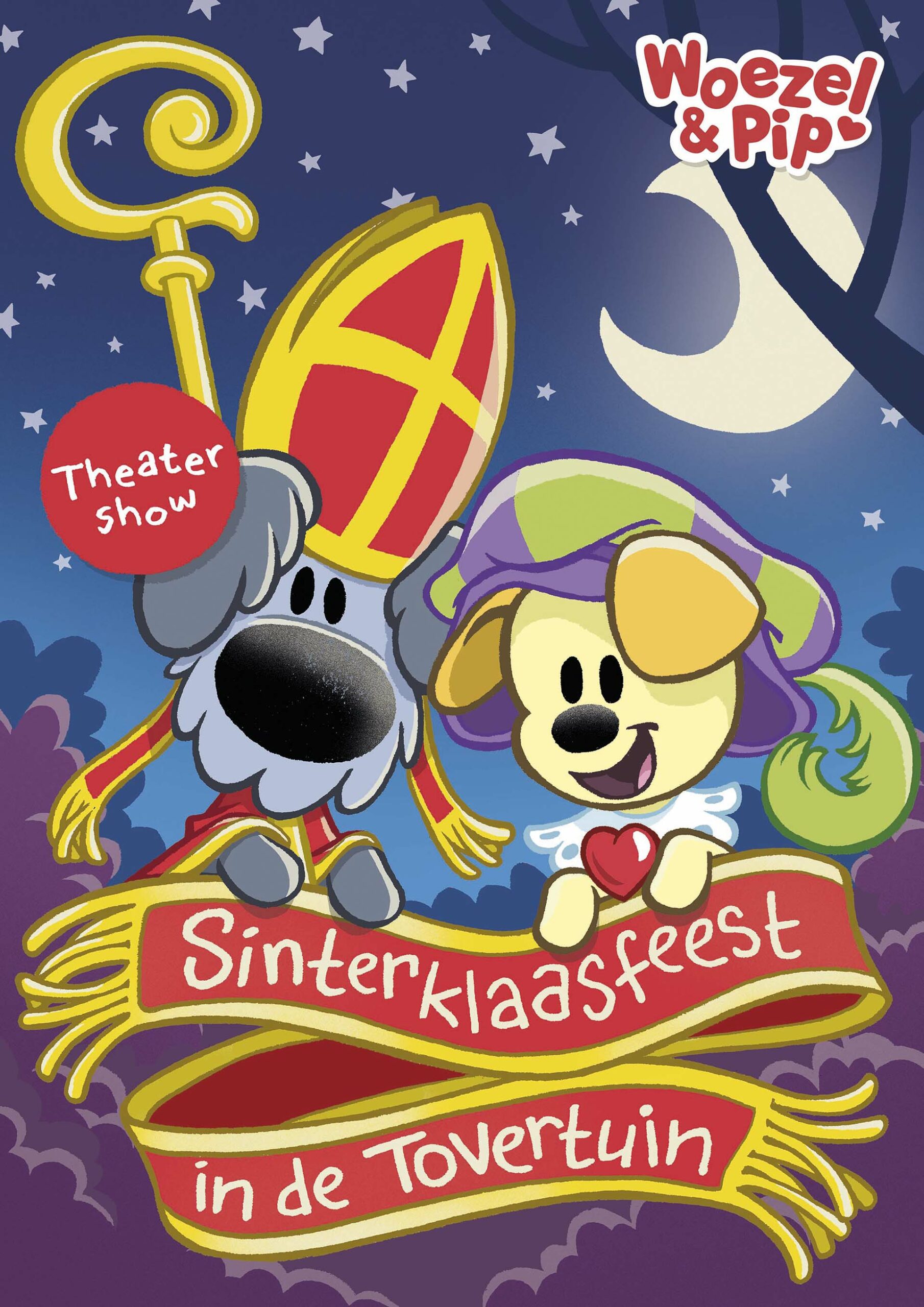 Illustratie van Woezel verkleed als Sinterklaas en Pip als Pietje, met een feestelijke banner en maan op de achtergrond.