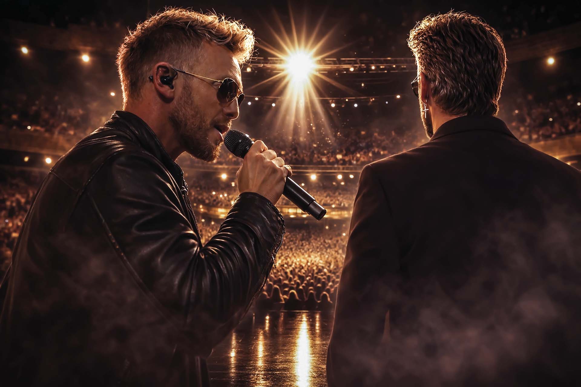 Charly Luske zingt met een microfoon op een verlicht podium voor een volle zaal, terwijl naast hem een silhouet van George Michael staat