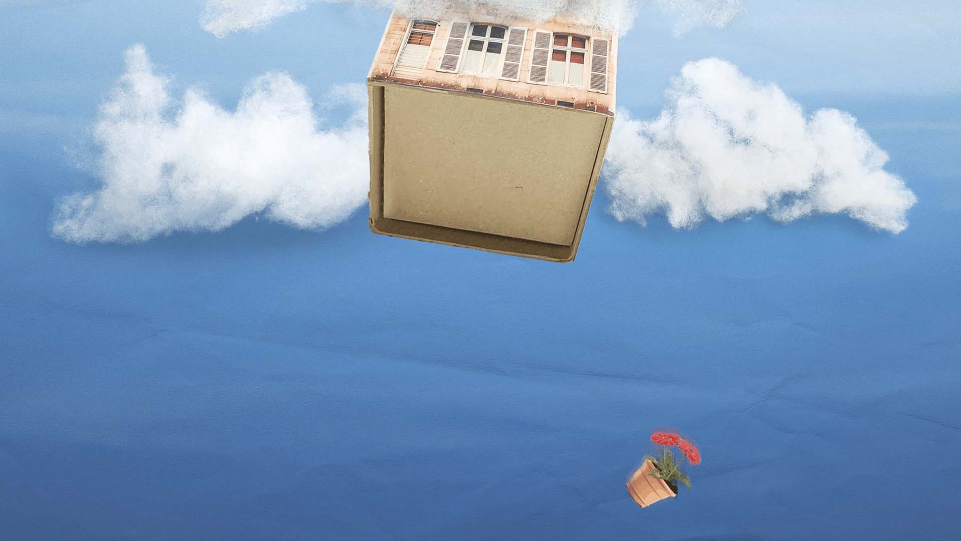 Een huis zweeft ondersteboven in een blauwe lucht met wolken, terwijl een bloempot met rode bloemen naar beneden valt.