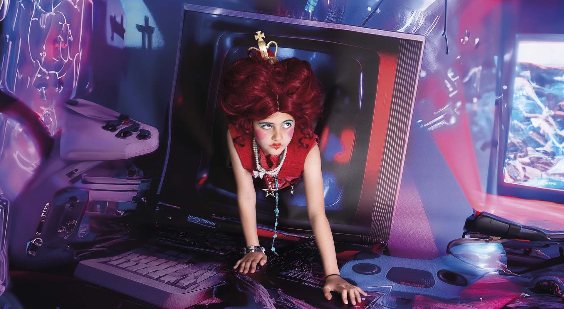 Een meisje verkleed als Alice met felrode pruik kruipt uit retro televisie in kleurrijke fantasierijke setting met neonlichten en technologische objecten