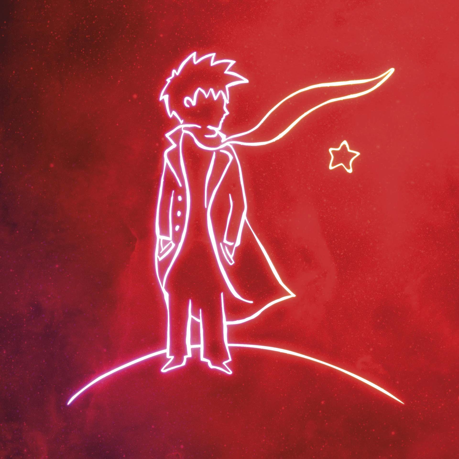 Neonachtige lijntekening van jongen met sjaal staat op kleine planeet tegen rode achtergrond, met een ster naast hem en kosmische sfeer