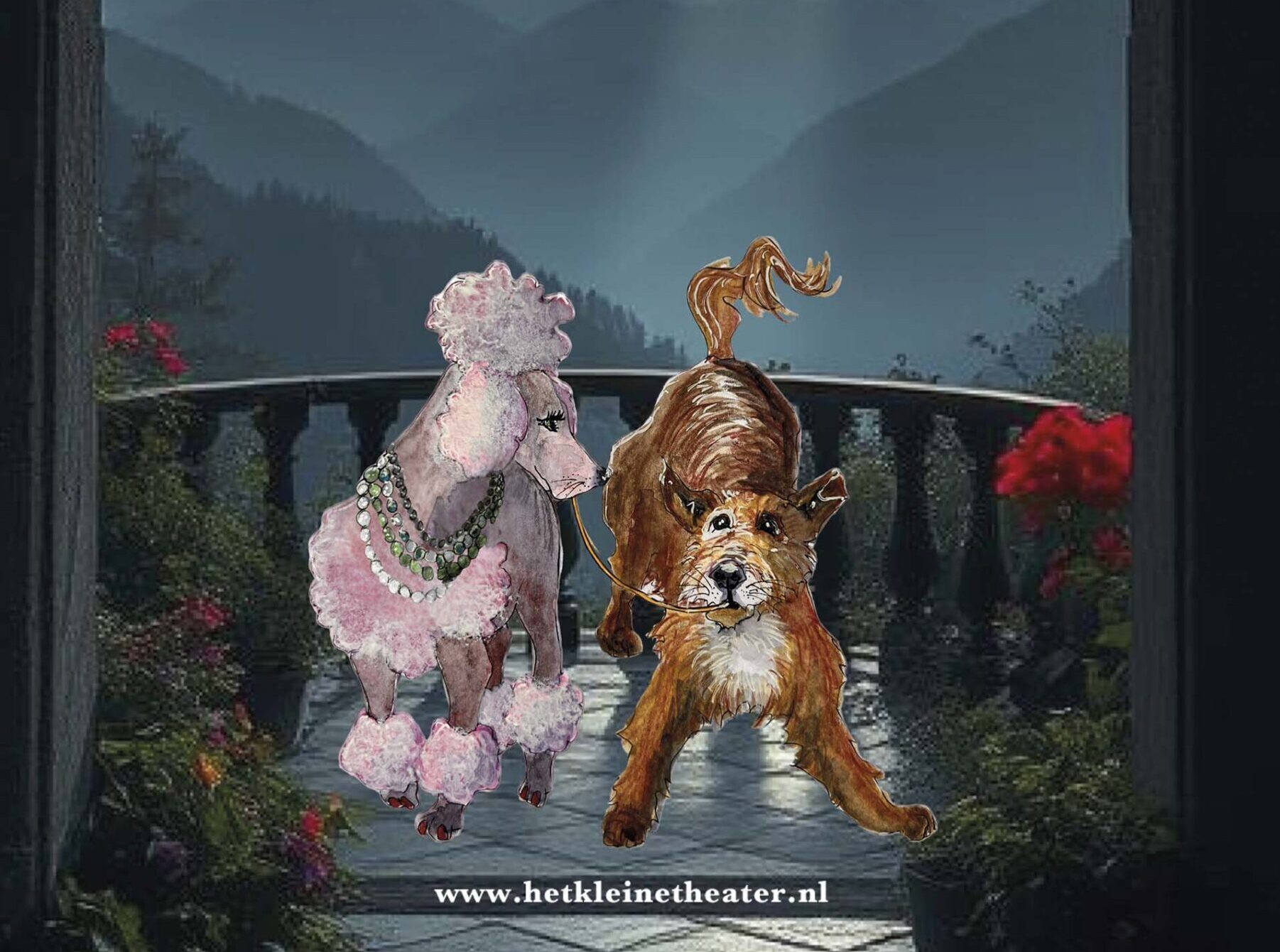 Affiche van Lady en de Vage Hond met illustratie van twee honden op balkon bij volle maan, van Het Kleine Theater