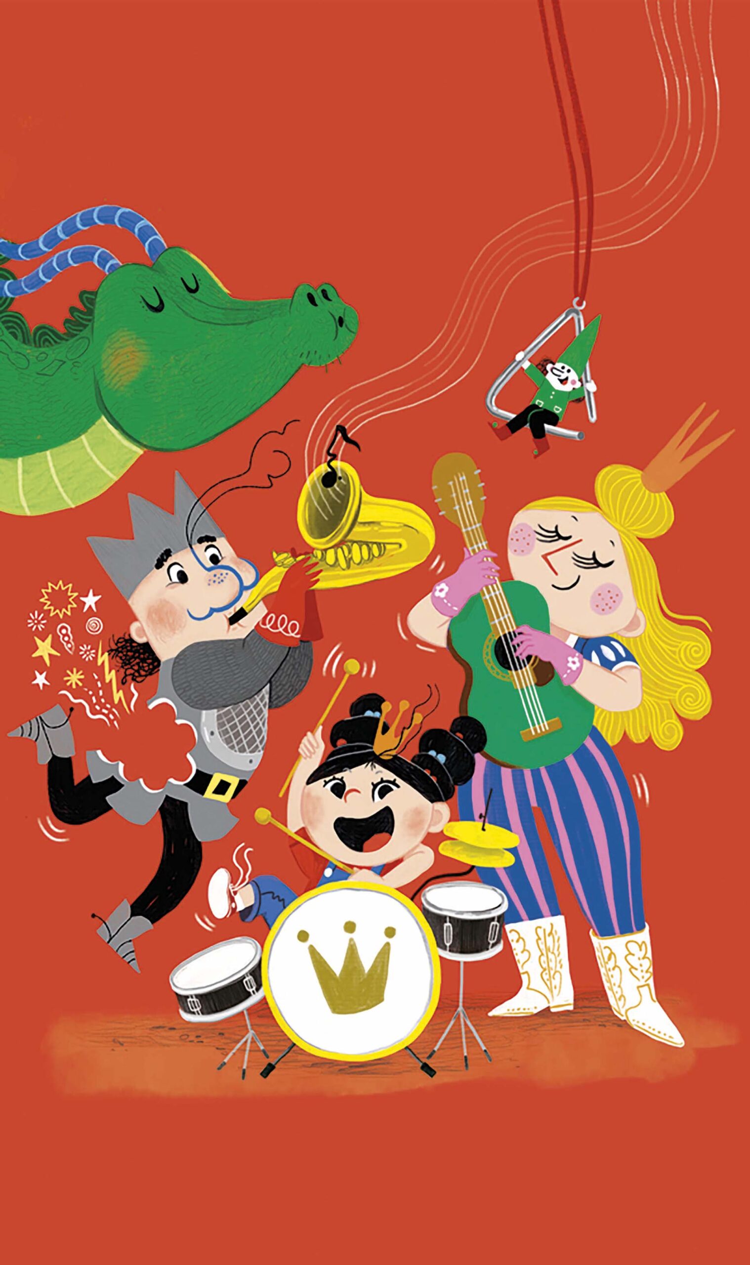 Illustratie van een vrolijke band met fantasiefiguren die muziek maken: een draak, een ridder met blaasinstrument, een meisje met gitaar en een drummer tegen een felrode achtergrond