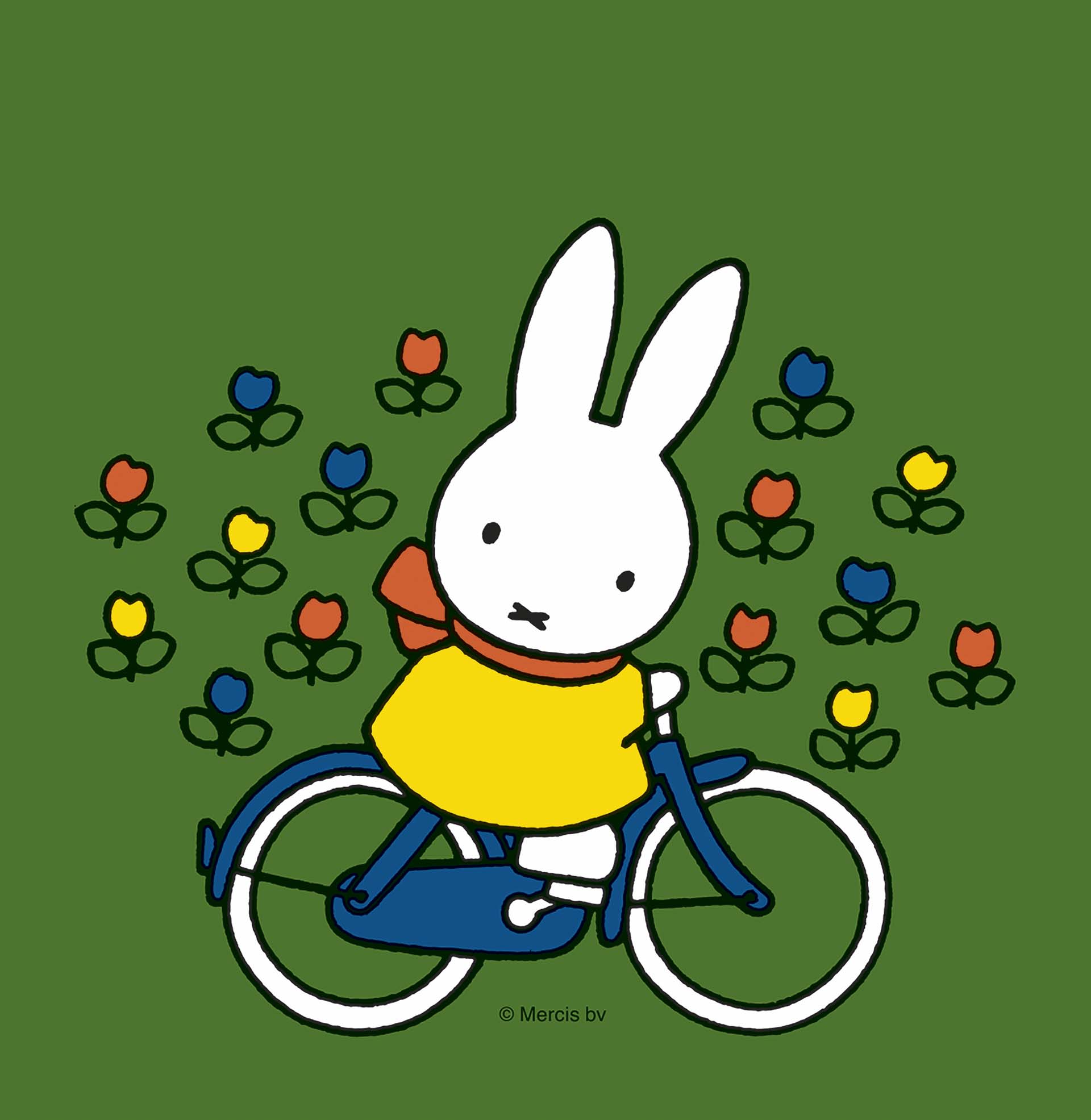 Nijntje fietst op blauwe fiets tussen gekleurde bloemen tegen groene achtergrond, eenvoudige en herkenbare illustratiestijl