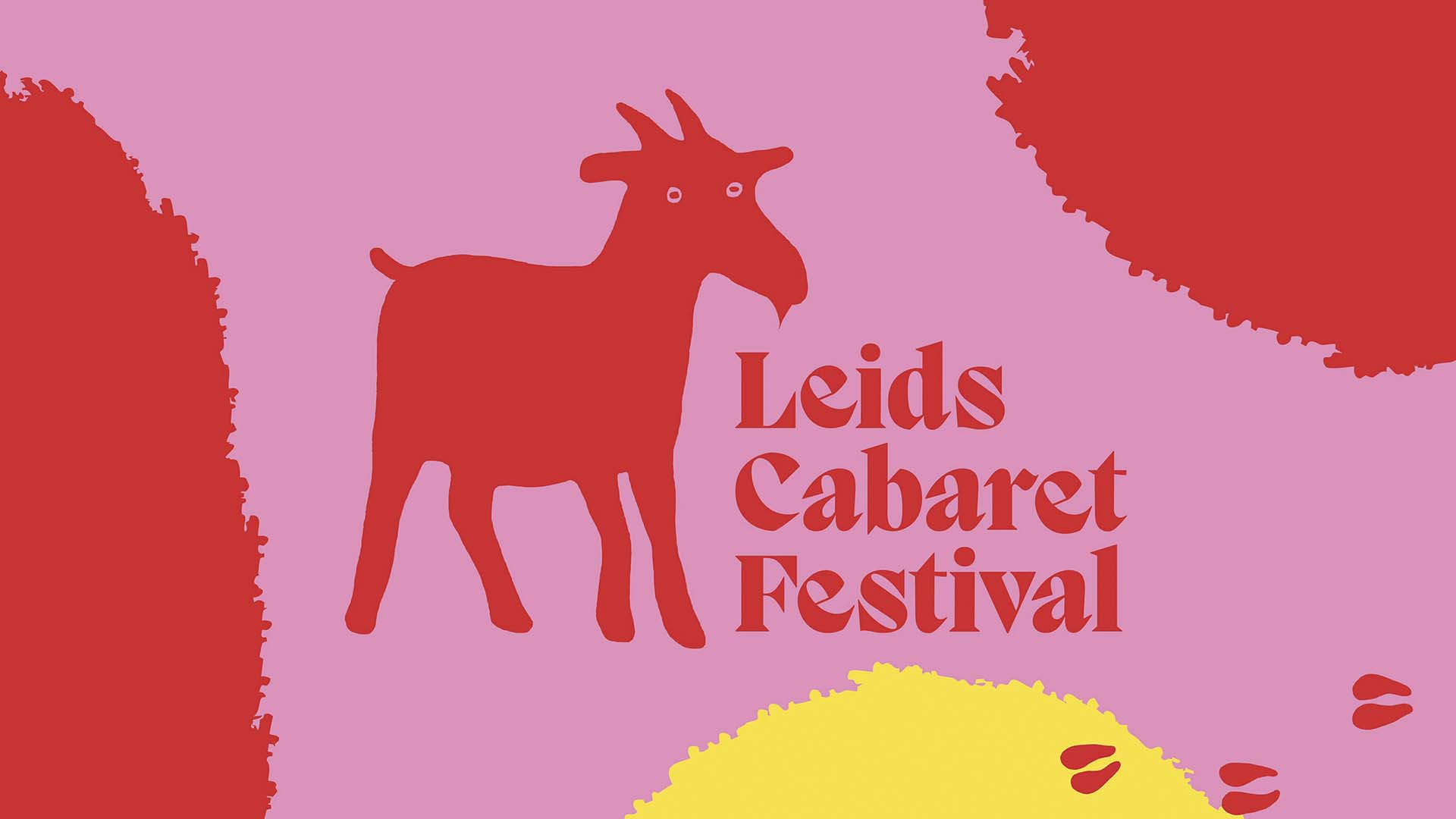 Een grafische afbeelding met een rode geit op een roze achtergrond, met daarnaast de tekst Leids Cabaret Festival en abstracte kleurvlakken eromheen.