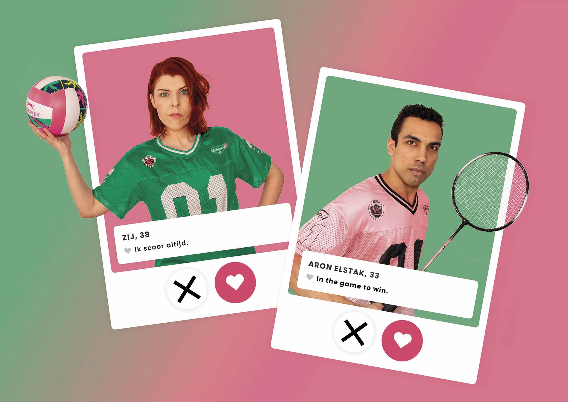 Twee profielkaarten in datingapp-stijl tonen een vrouw met een volleybal en een man met een badmintonracket, met naam, leeftijd en korte tekst erbij.