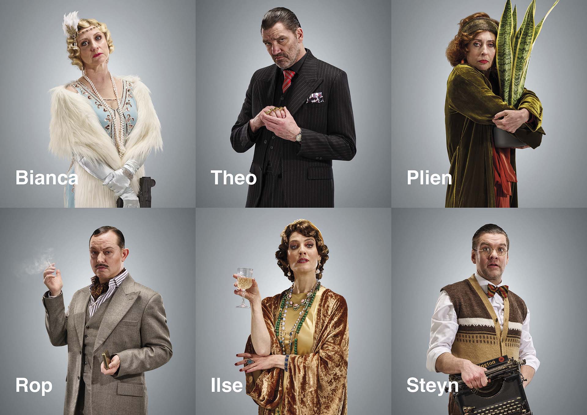 Zes personages in vintage kostuums poseren afzonderlijk tegen neutrale achtergrond, met namen Bianca, Theo, Plien, Rop, Ilse en Steyn zichtbaar bij elk portret