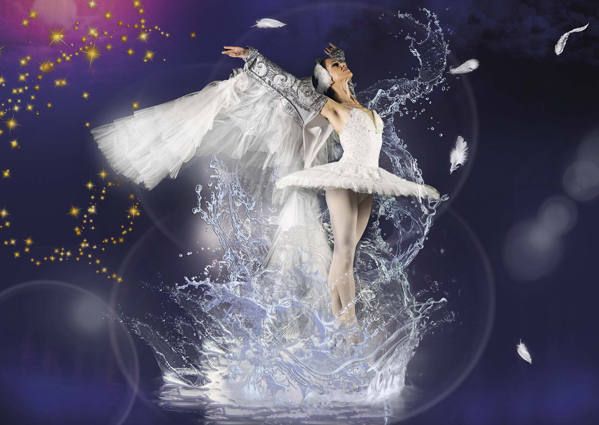 Ballerina in witte tutu en vleugelachtige mouwen zweeft boven opspattend water, omringd door fonkelende sterren en zwevende veren tegen een donkere achtergrond.