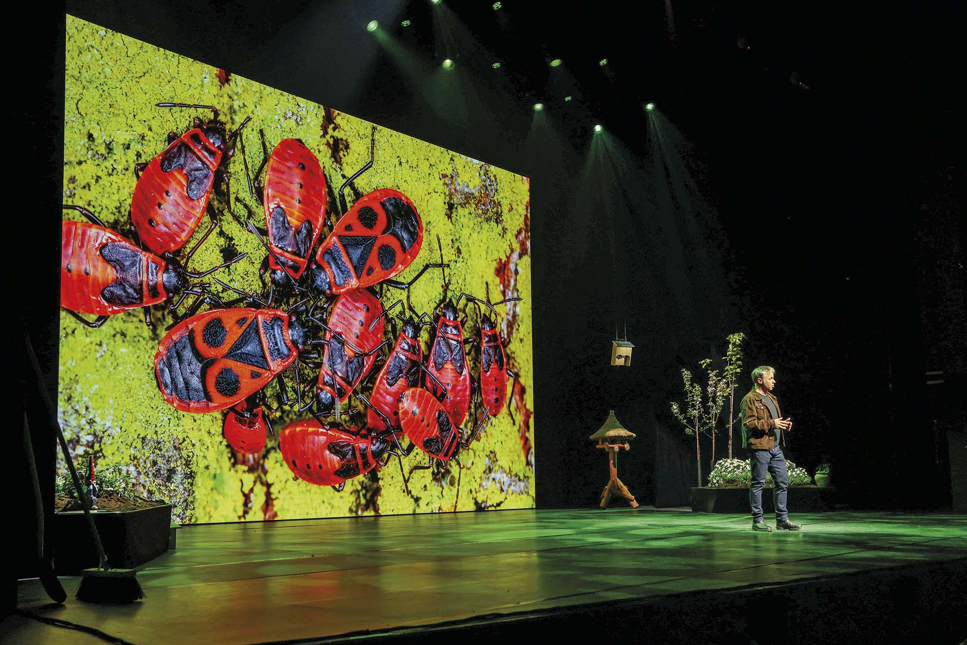 Luc Hoogenstein op podium naast groot scherm met close-up van rode insecten, tijdens theatercollege met groene belichting en natuurdecor