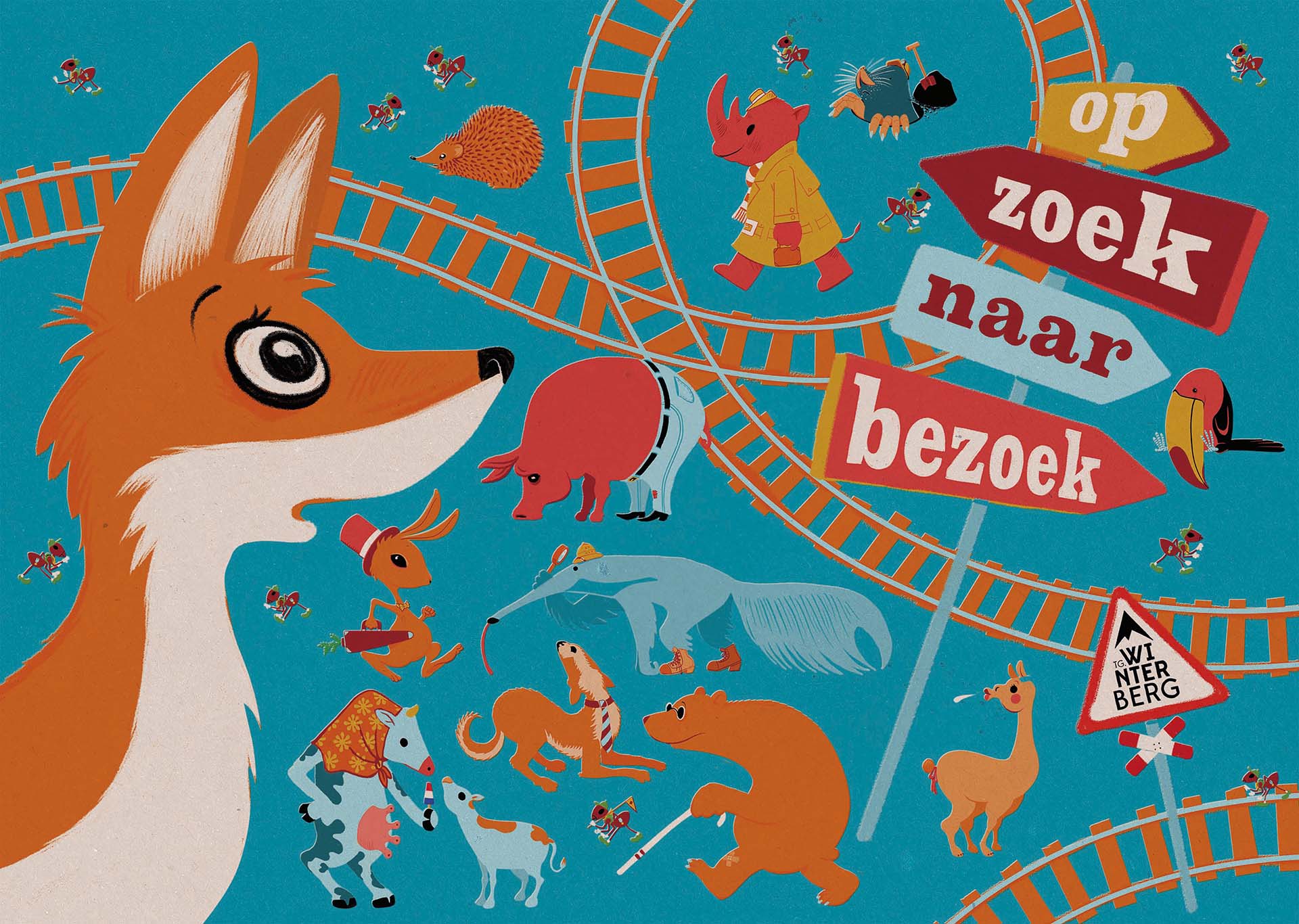 Illustratie met een grote vos en allerlei dieren rondom een kronkelende spoorlijn, met bordjes waarop staat op zoek naar bezoek.