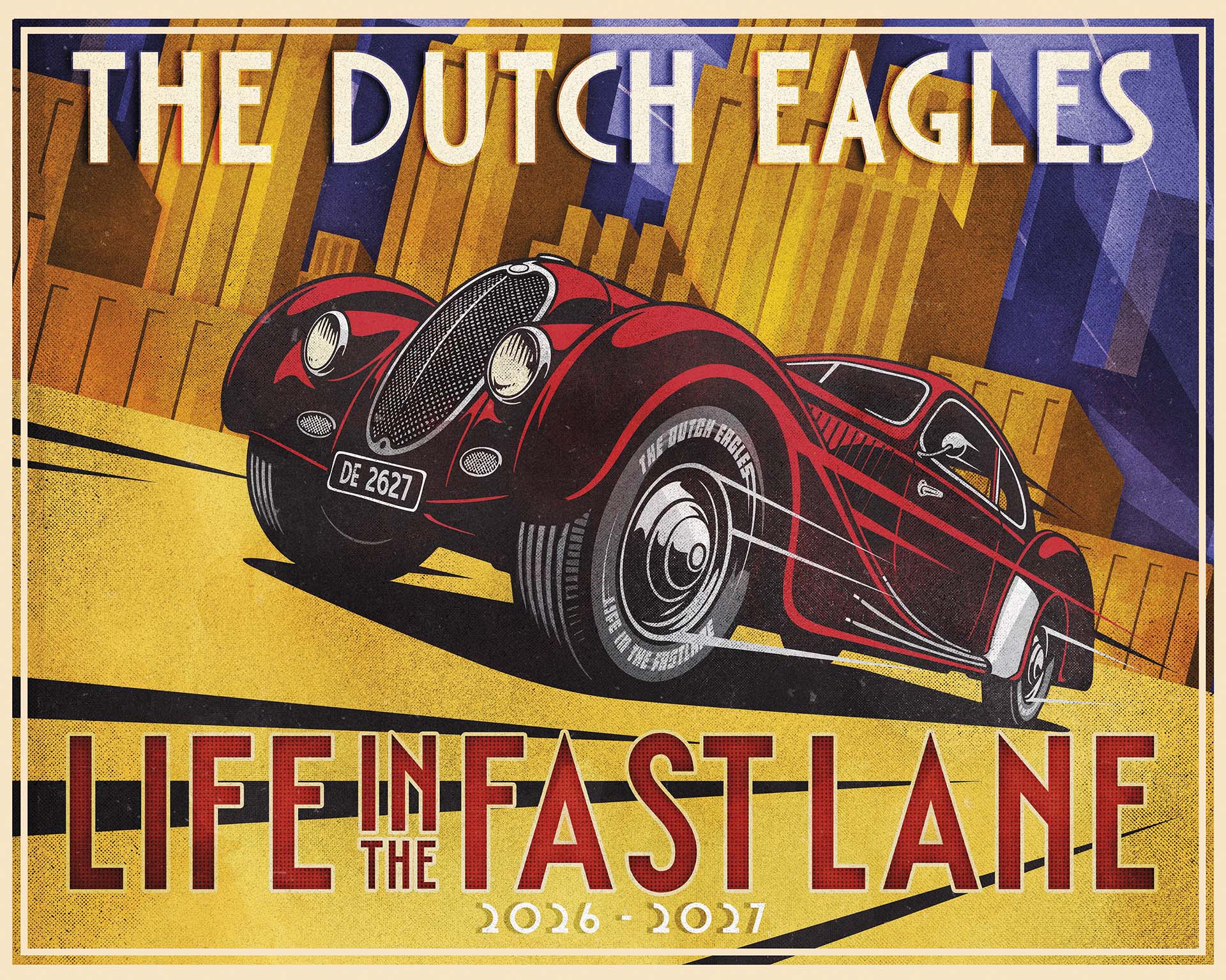 Vintage illustratie van rode klassieke raceauto in stedelijk landschap, met tekst The Dutch Eagles en Life in the Fast Lane 2026 2027 in retro typografie