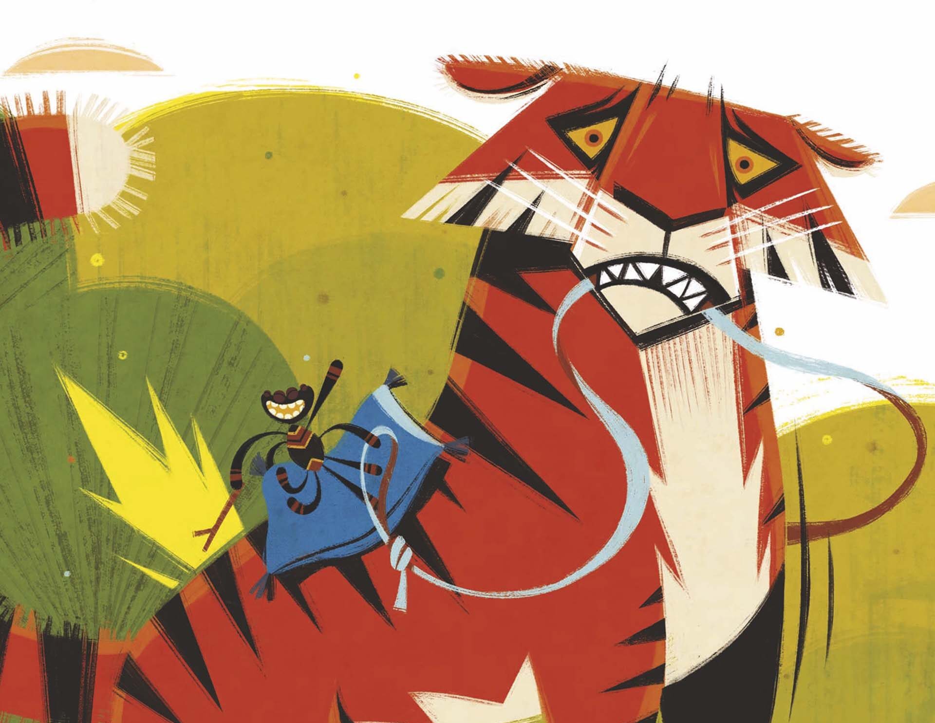 Illustratie van grote tijger met scherpe tanden en tranen, terwijl klein figuurtje erop rijdt in kleurrijk landschap met zon en heuvels