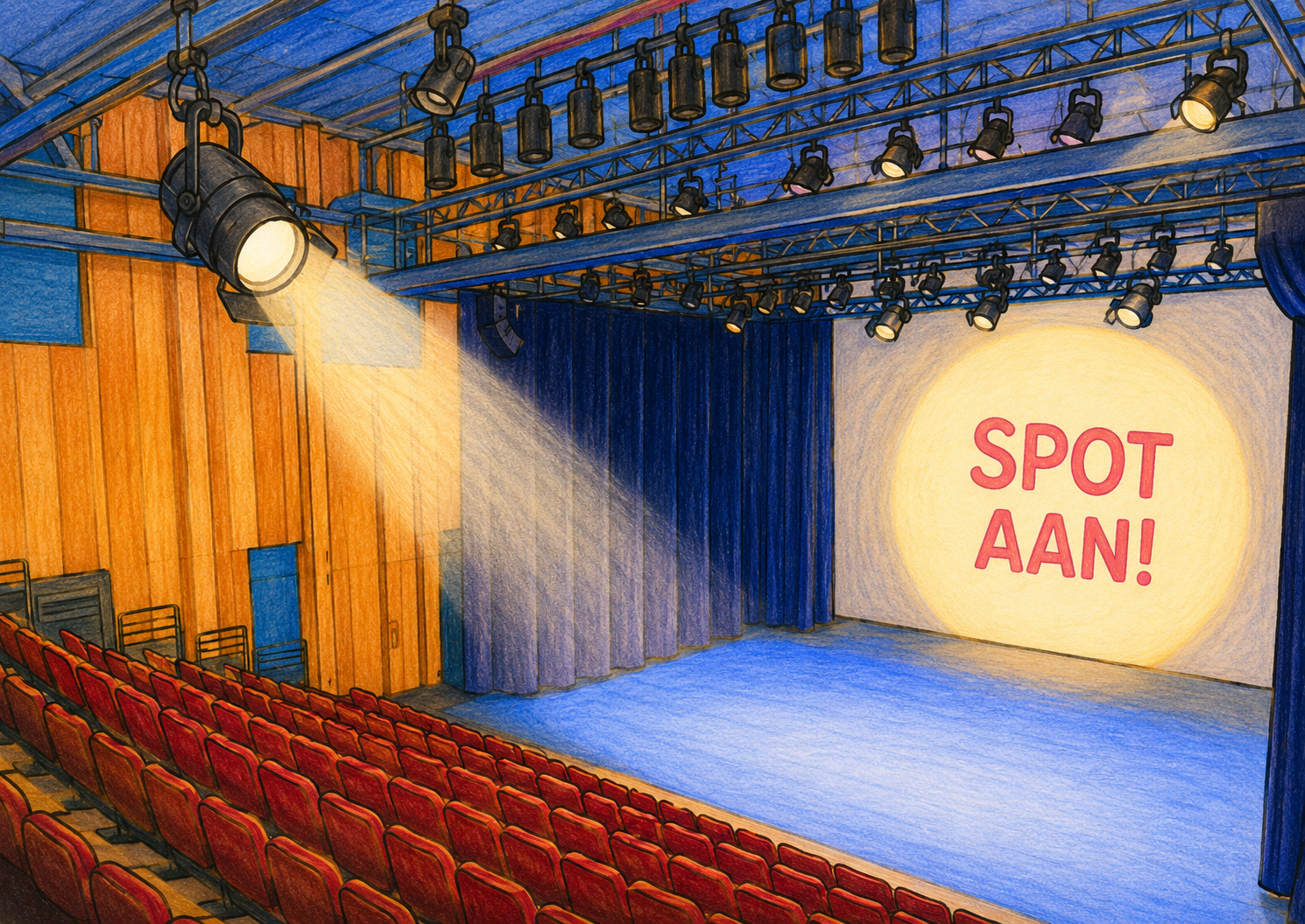 Een tekening van d eKleine zaal in Kunstmin met een spot licht met de tekst spot aan erin!