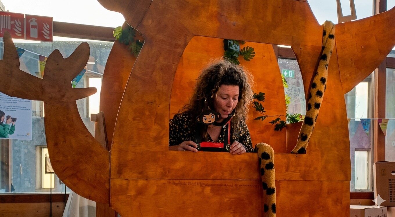 Katiuscia Principato speelt met een apenpop in het kleurrijke decor van de peutervoorstelling Kleine Aap.