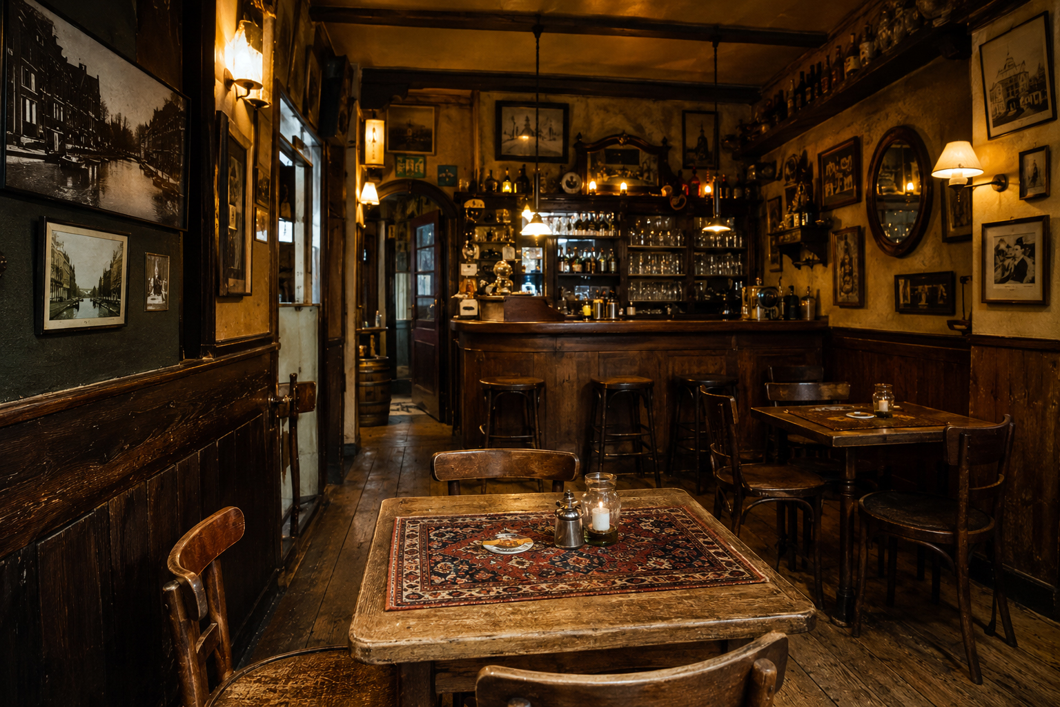 Een warm en authentiek Amsterdams bruin café met donker hout, oude wandfoto’s en karakteristieke kleedjes op tafel.